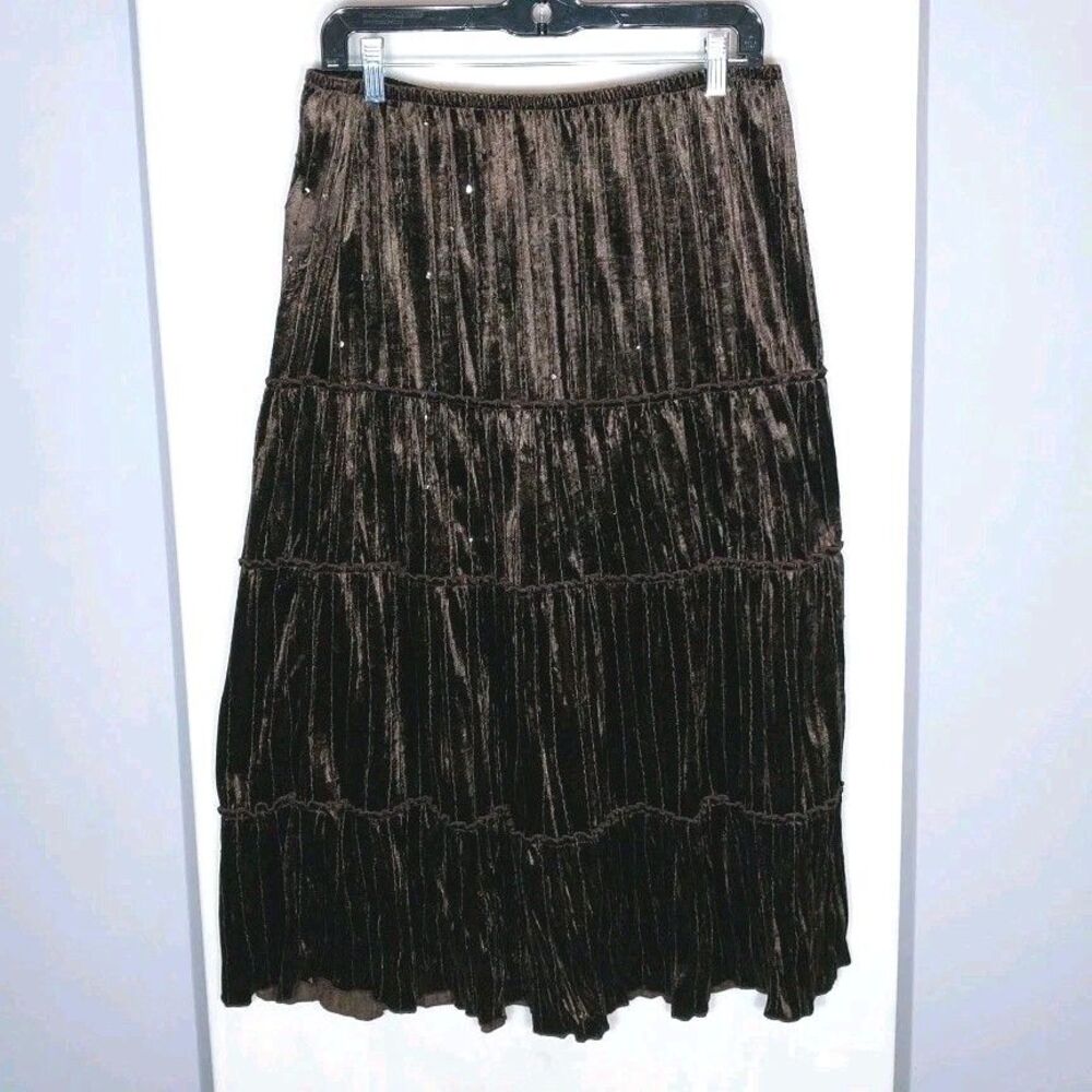 Women's Velvet Maxi Skirt Brown L Pleated Tiered Sequin Elastic Waist Pull-on